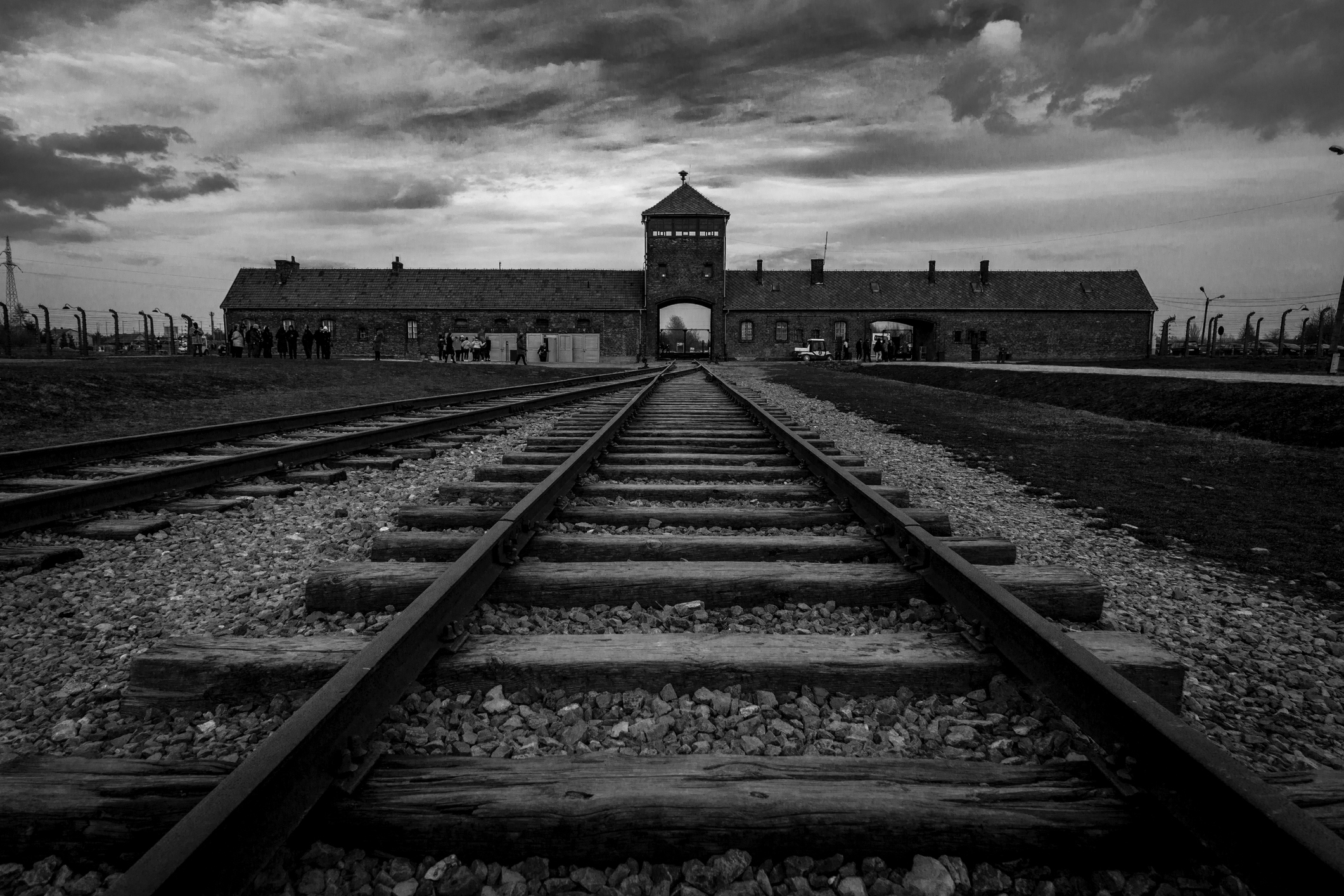 Auschwitz II-Birkenau gatehouse; the train track, in operation May–October 1944, led directly to the gas chambers.