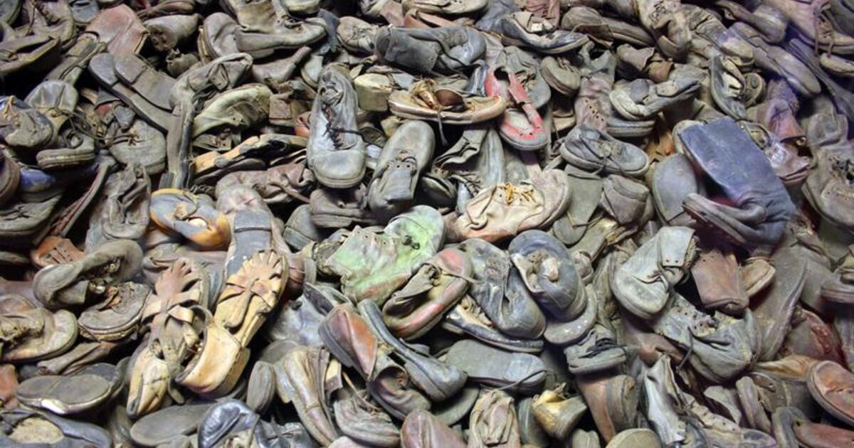 A memorial at Auschwitz of shoes taken from prisoners of the camp.